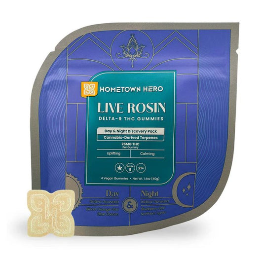 Hometown Hero Live Rosin Day & Night 25mg Gummies, Discovery Pack (4 pack) from Hometown Hero at Elevate Evolution- Grab yours today for $24.99! 